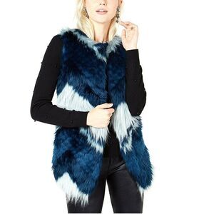 Bar III Womens S Green Faux-Fur Chevron Patchwork Open Front Vest MSRP $119
